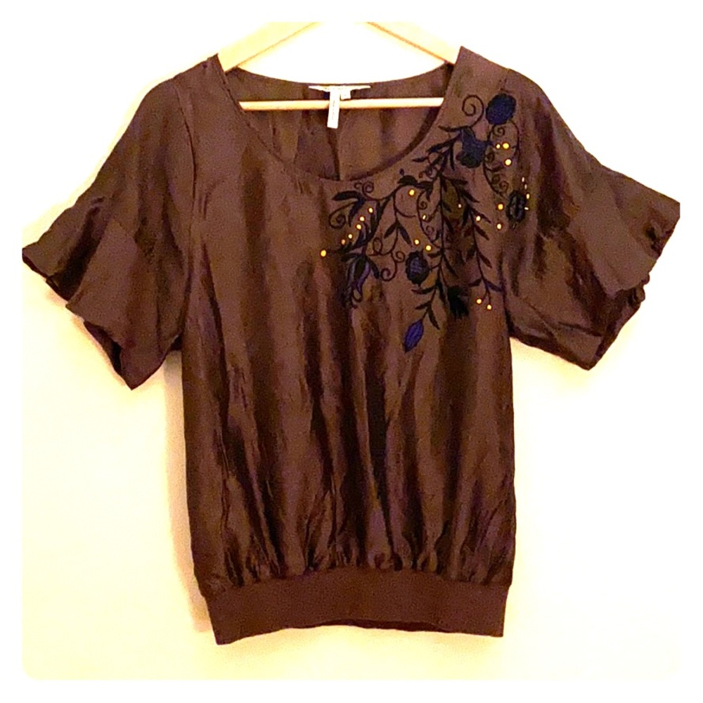 BCBG Brown and blue floral blouse